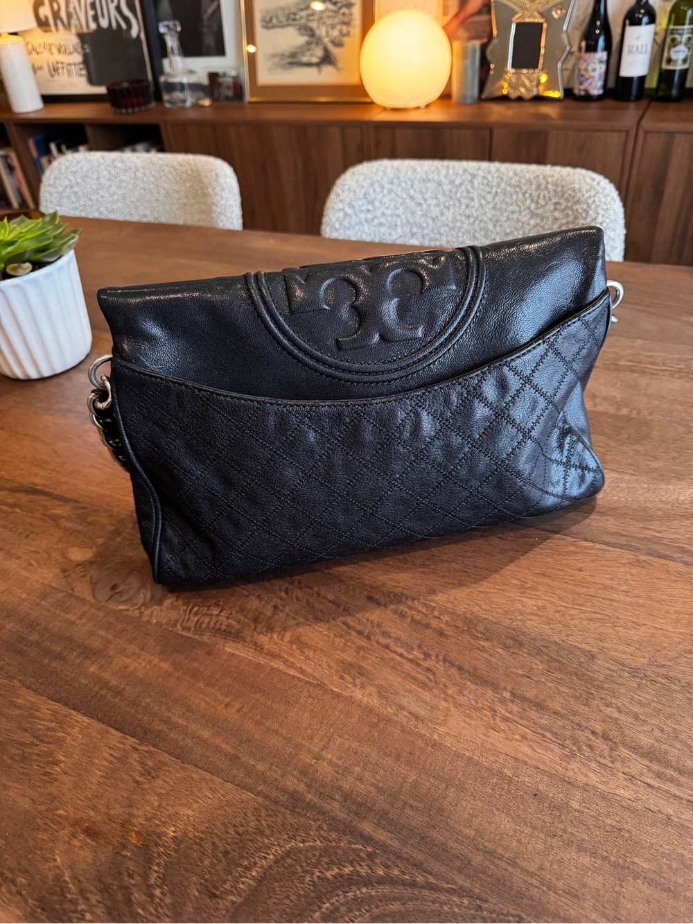 Tory Burch Fleming Quilted Black Leather Shoulder Fold Over Bag with Chain Strap - Picture 5 of 7